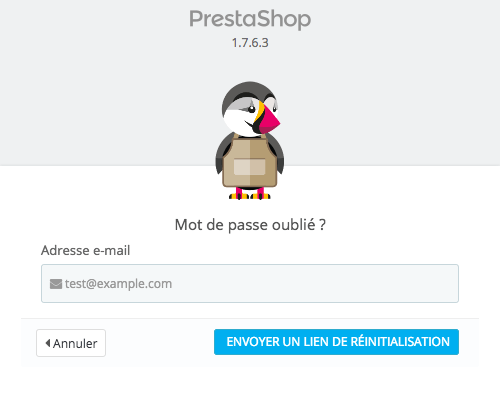 Formulaire de réinitialisation du mot de passe d'un employé PrestaShop